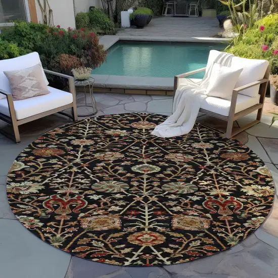 8' Black Brown And Red Round Floral Washable Indoor Outdoor Area Rug Photo 8
