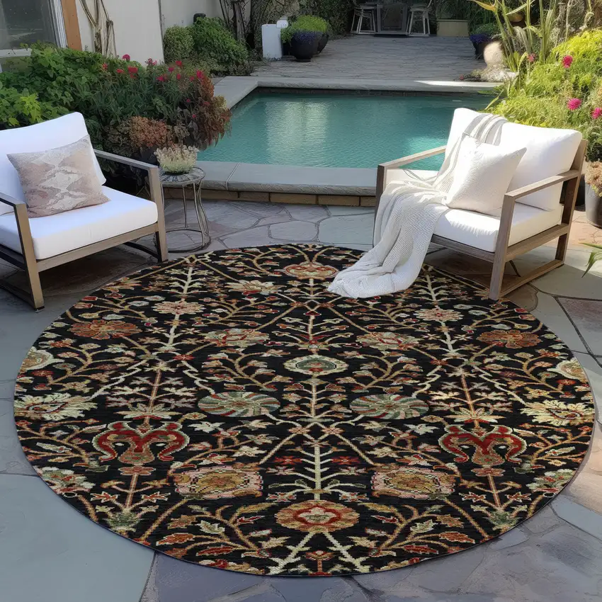 8' Black Brown And Red Round Floral Washable Indoor Outdoor Area Rug Photo 8