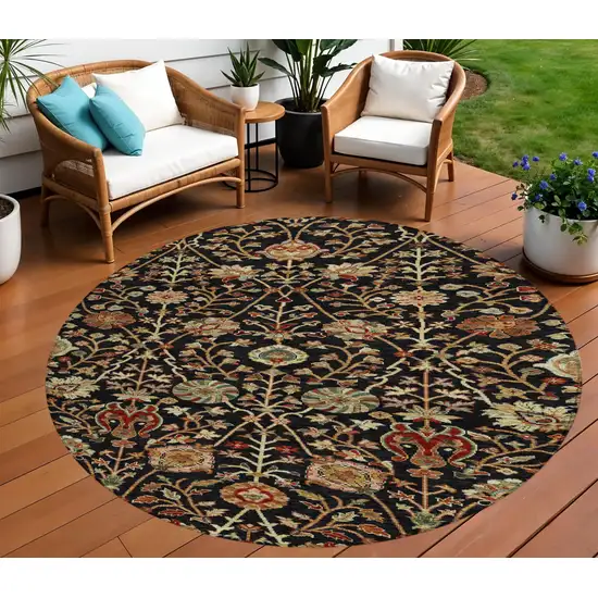 8' Black Brown And Red Round Floral Washable Indoor Outdoor Area Rug Photo 1