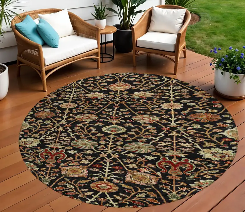 8' Black Brown And Red Round Floral Washable Indoor Outdoor Area Rug Photo 1
