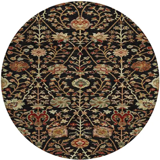 8' Black Brown And Red Round Floral Washable Indoor Outdoor Area Rug Photo 6
