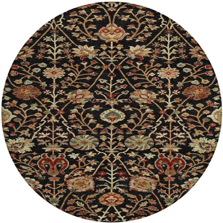 8' Black Brown And Red Round Floral Washable Indoor Outdoor Area Rug Photo 6