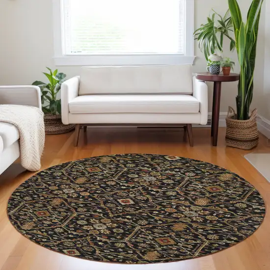 8' Black Brown And Red Round Floral Washable Indoor Outdoor Area Rug Photo 9