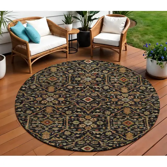 8' Black Brown And Red Round Floral Washable Indoor Outdoor Area Rug Photo 1