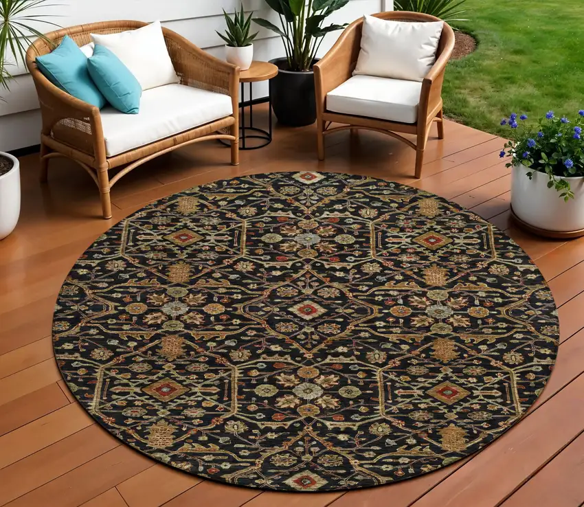 8' Black Brown And Red Round Floral Washable Indoor Outdoor Area Rug Photo 1