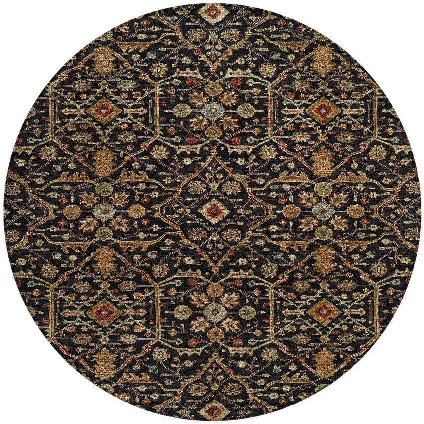 8' Black Brown And Red Round Floral Washable Indoor Outdoor Area Rug Photo 7