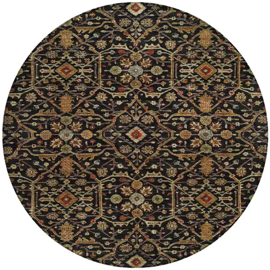 8' Black Brown And Red Round Floral Washable Indoor Outdoor Area Rug Photo 7