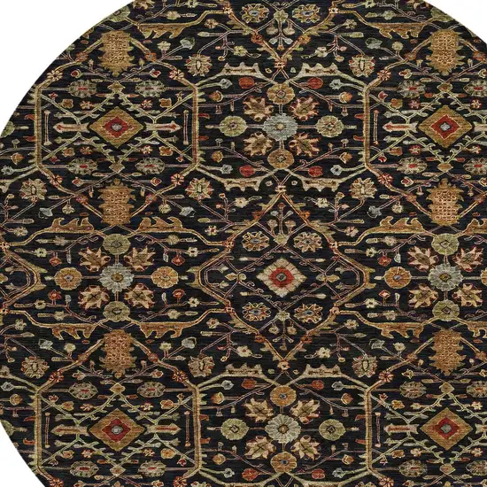 8' Black Brown And Red Round Floral Washable Indoor Outdoor Area Rug Photo 6