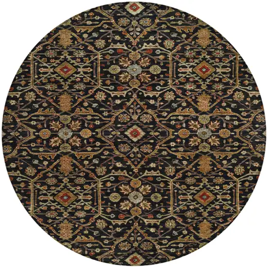8' Black Brown And Red Round Floral Washable Indoor Outdoor Area Rug Photo 2