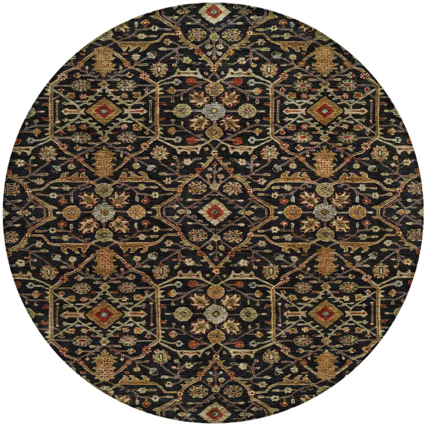 8' Black Brown And Red Round Floral Washable Indoor Outdoor Area Rug Photo 2