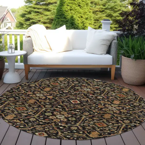 8' Black Brown And Red Round Floral Washable Indoor Outdoor Area Rug Photo 8