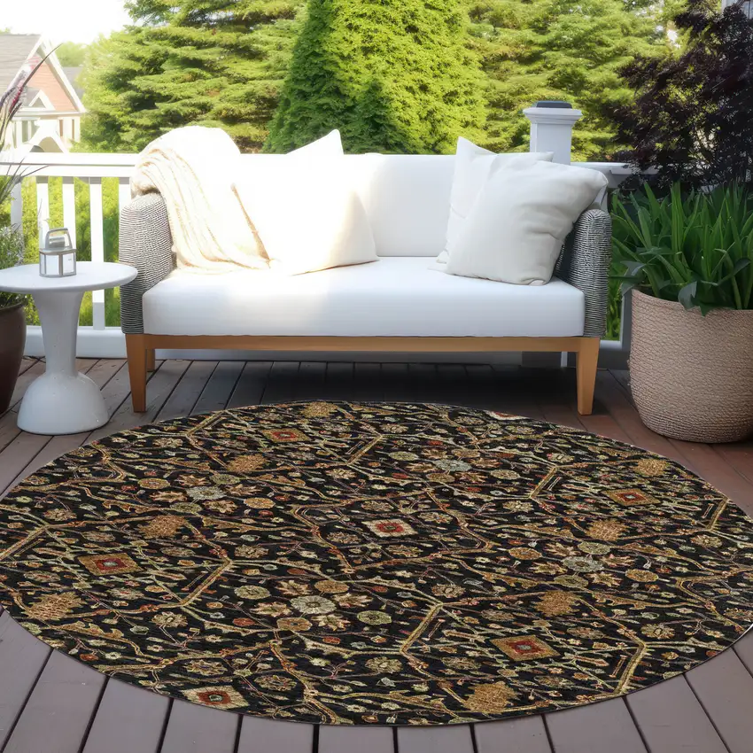 8' Black Brown And Red Round Floral Washable Indoor Outdoor Area Rug Photo 8
