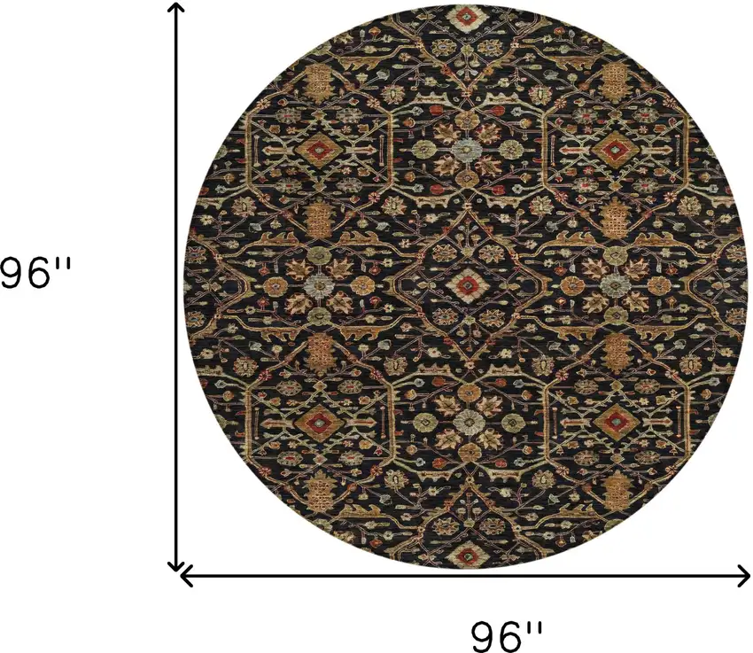 8' Black Brown And Red Round Floral Washable Indoor Outdoor Area Rug Photo 8