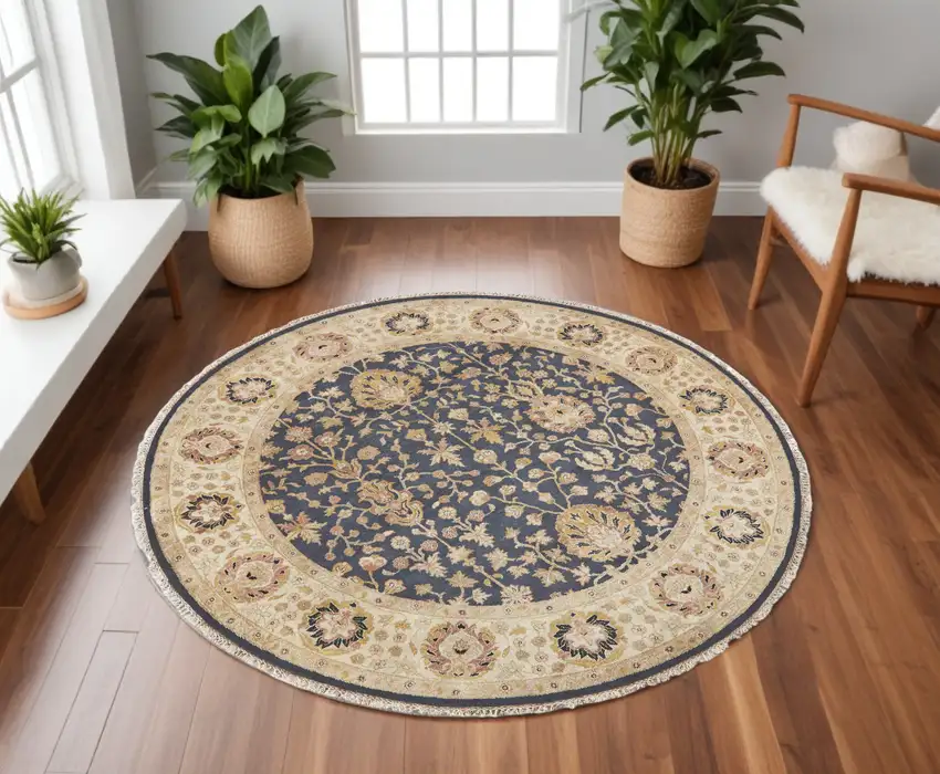 8' Black Brown and Gold Wool Oriental Hand Knotted Round Rug Photo 1