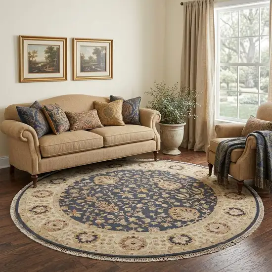 8' Black Brown and Gold Wool Oriental Hand Knotted Round Rug Photo 1