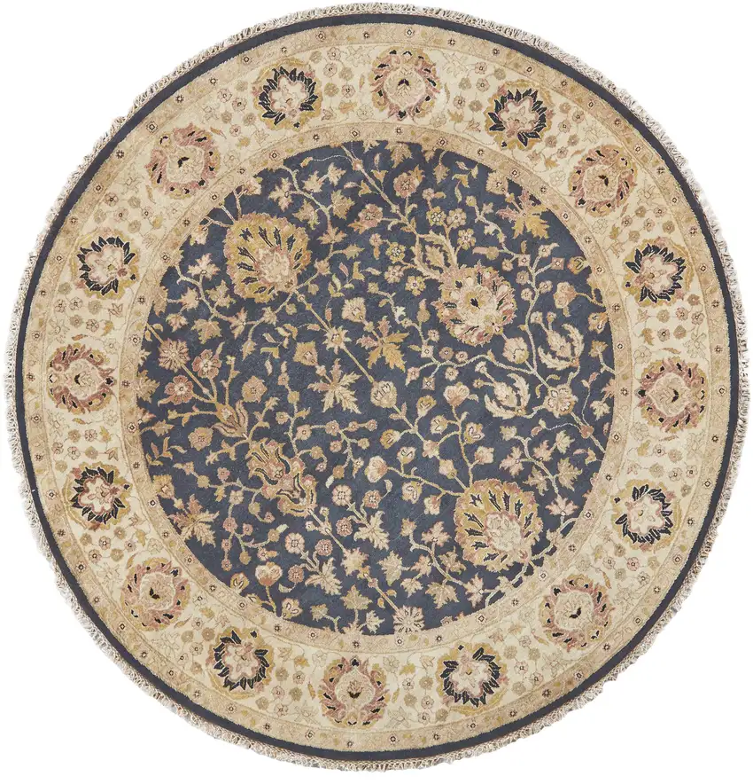 8' Black Brown and Gold Wool Oriental Hand Knotted Round Rug Photo 2