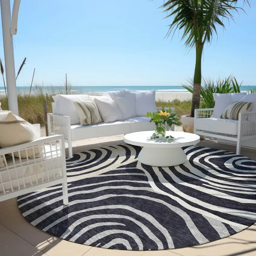 8' Black Charcoal And Gray Round Abstract Washable Indoor Outdoor Area Rug Photo 7