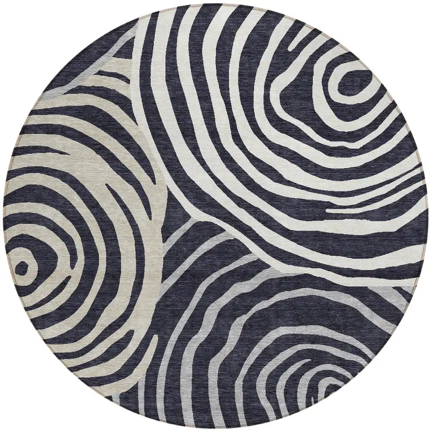 8' Black Charcoal And Gray Round Abstract Washable Indoor Outdoor Area Rug Photo 5
