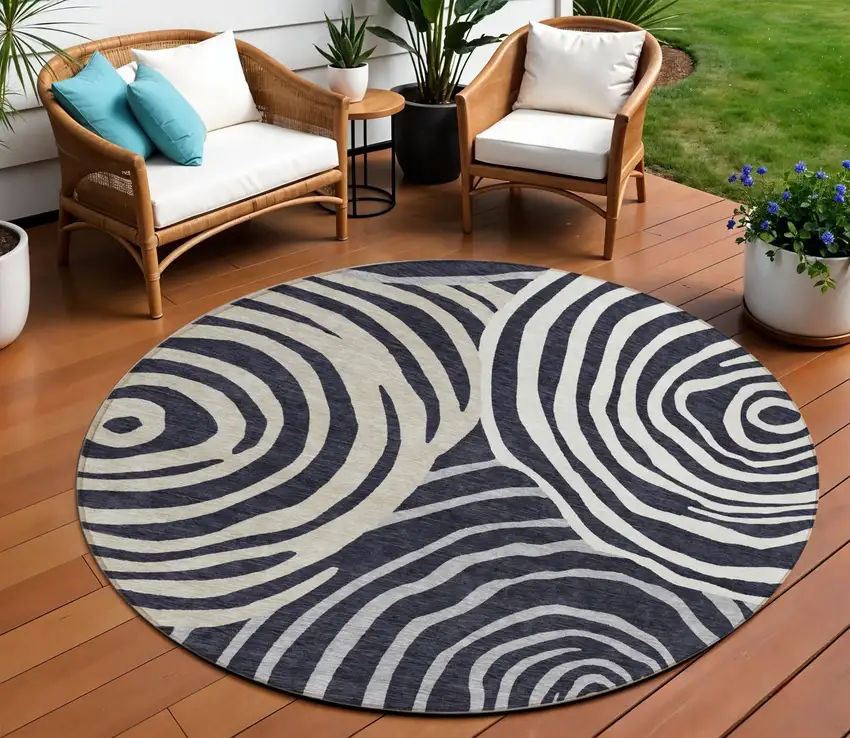 8' Black Charcoal And Gray Round Abstract Washable Indoor Outdoor Area Rug Photo 1