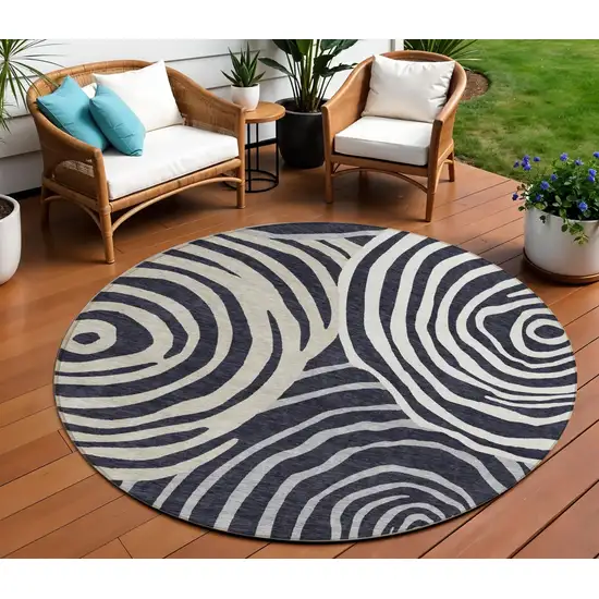 8' Black Charcoal And Gray Round Abstract Washable Indoor Outdoor Area Rug Photo 1