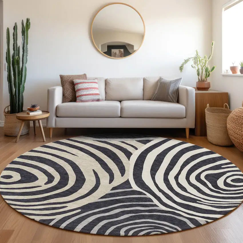 8' Black Charcoal And Gray Round Abstract Washable Indoor Outdoor Area Rug Photo 8
