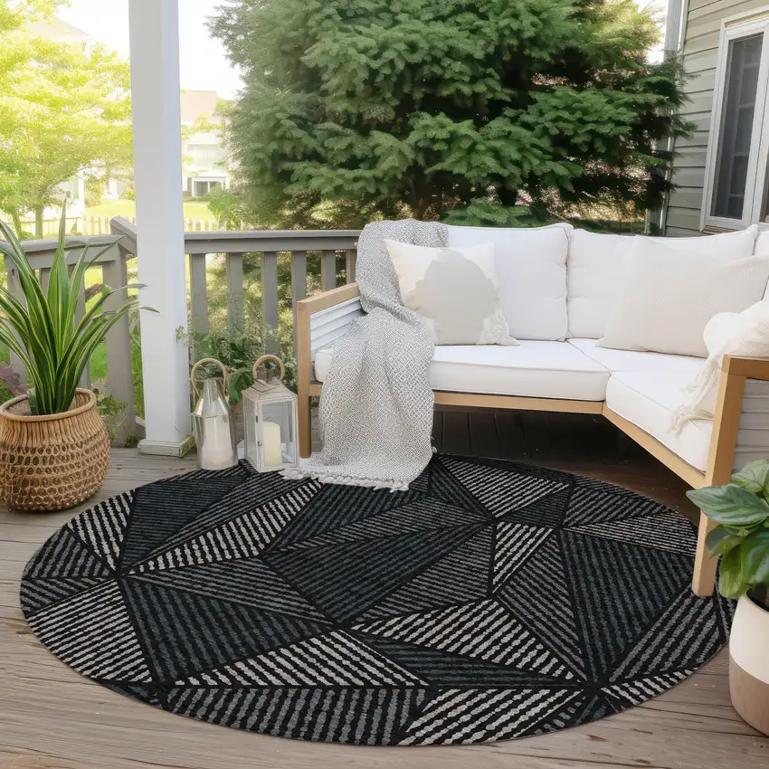 8' Black Charcoal And Gray Round Geometric Washable Indoor Outdoor Area Rug Photo 6