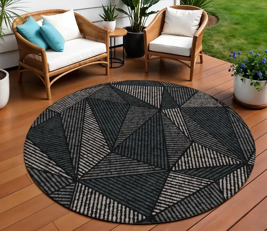 8' Black Charcoal And Gray Round Geometric Washable Indoor Outdoor Area Rug Photo 1