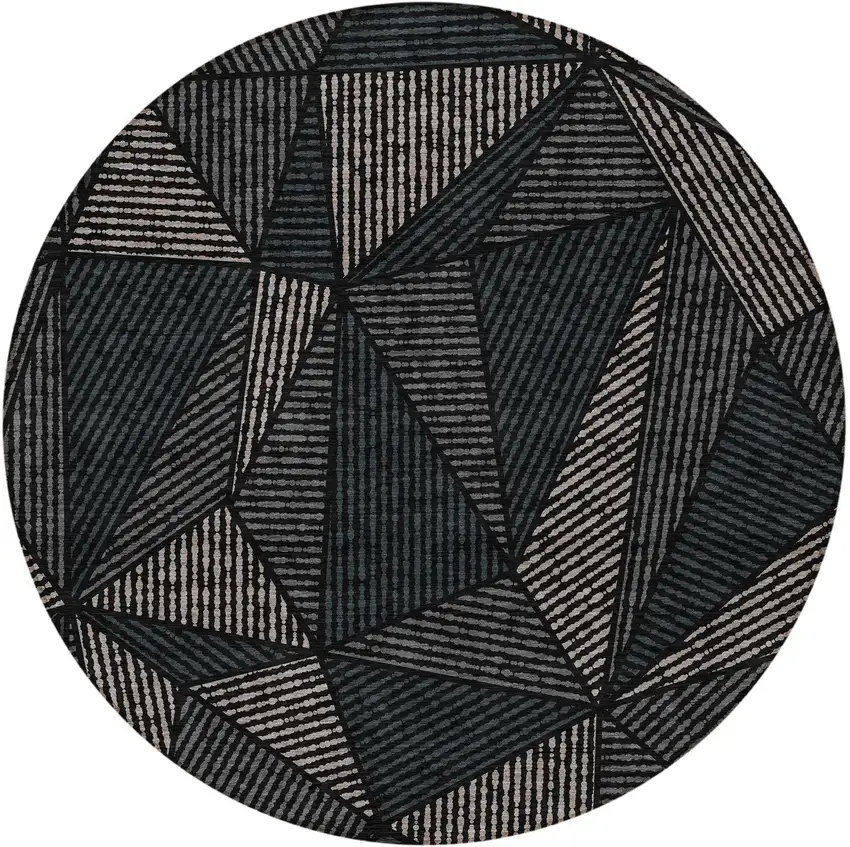 8' Black Charcoal And Gray Round Geometric Washable Indoor Outdoor Area Rug Photo 5