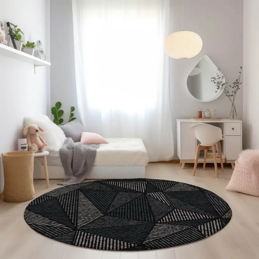 8' Black Charcoal And Gray Round Geometric Washable Indoor Outdoor Area Rug Photo 7
