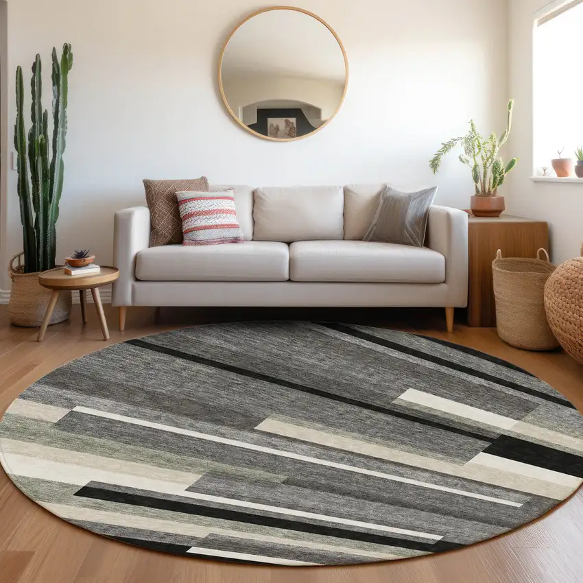 8' Black Charcoal And Gray Round Striped Washable Indoor Outdoor Area Rug Photo 7