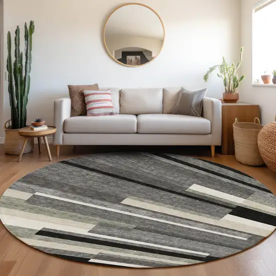 8' Black Charcoal And Gray Round Striped Washable Indoor Outdoor Area Rug Photo 7