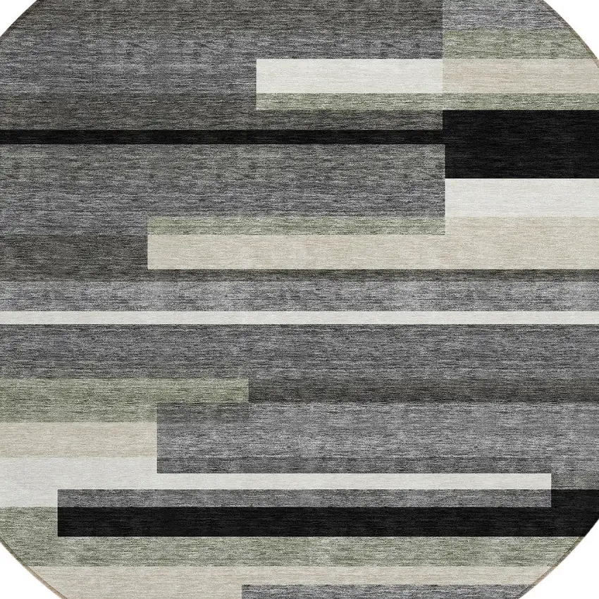 8' Black Charcoal And Gray Round Striped Washable Indoor Outdoor Area Rug Photo 4