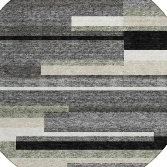 8' Black Charcoal And Gray Round Striped Washable Indoor Outdoor Area Rug Photo 4