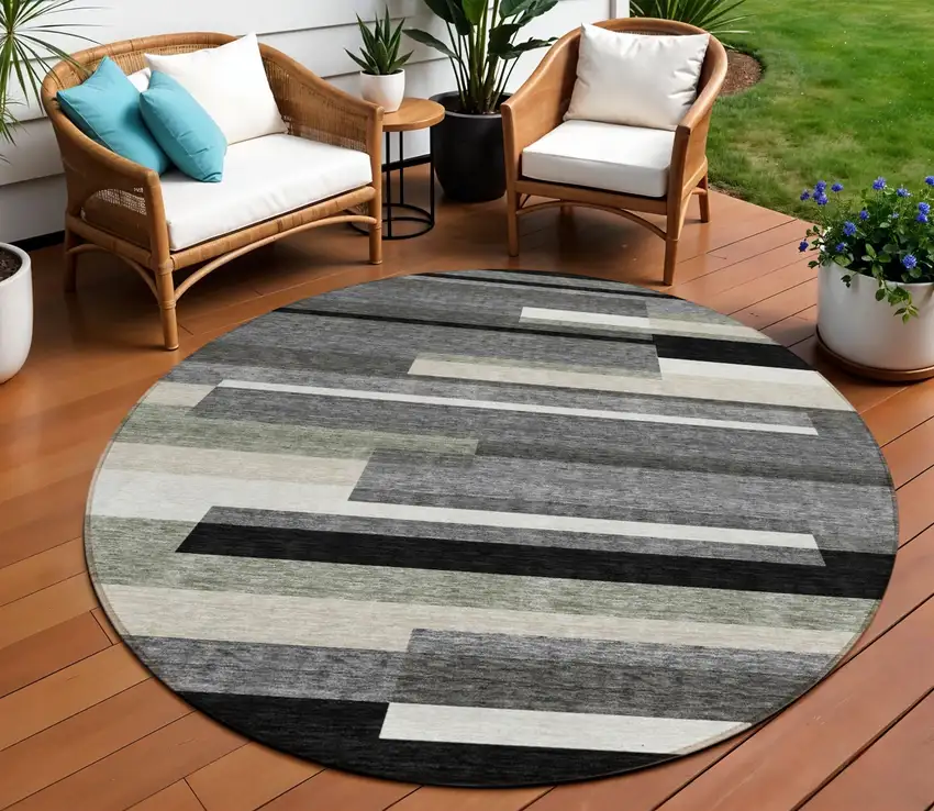 8' Black Charcoal And Gray Round Striped Washable Indoor Outdoor Area Rug Photo 1