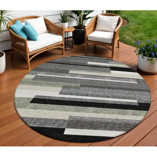 8' Black Charcoal And Gray Round Striped Washable Indoor Outdoor Area Rug Photo 1