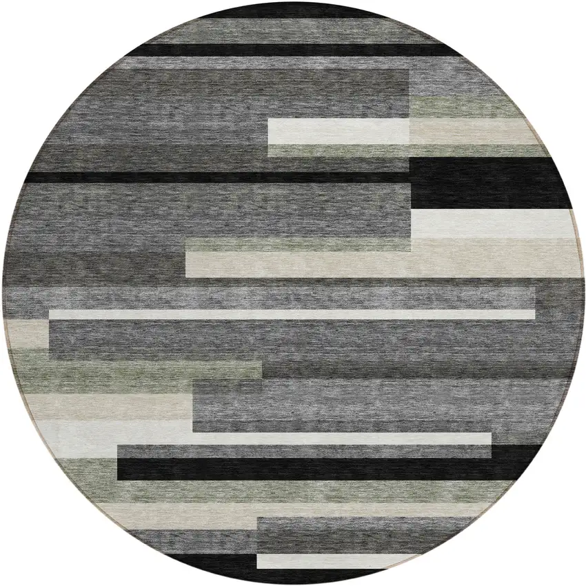 8' Black Charcoal And Gray Round Striped Washable Indoor Outdoor Area Rug Photo 1
