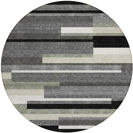 8' Black Charcoal And Gray Round Striped Washable Indoor Outdoor Area Rug Photo 1