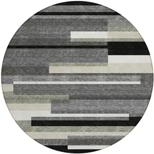 Photo of 8' Black Charcoal And Gray Round Striped Washable Indoor Outdoor Area Rug