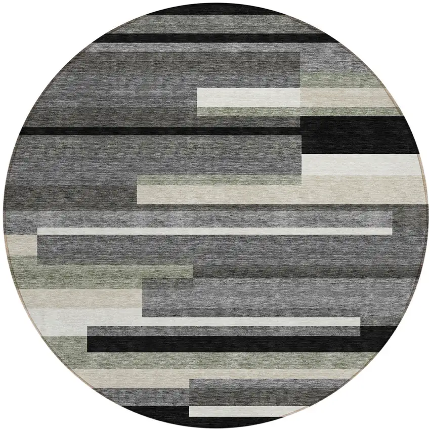 8' Black Charcoal And Gray Round Striped Washable Indoor Outdoor Area Rug Photo 1