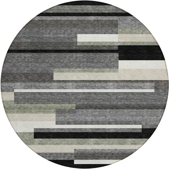 8' Black Charcoal And Gray Round Striped Washable Indoor Outdoor Area Rug Photo 1