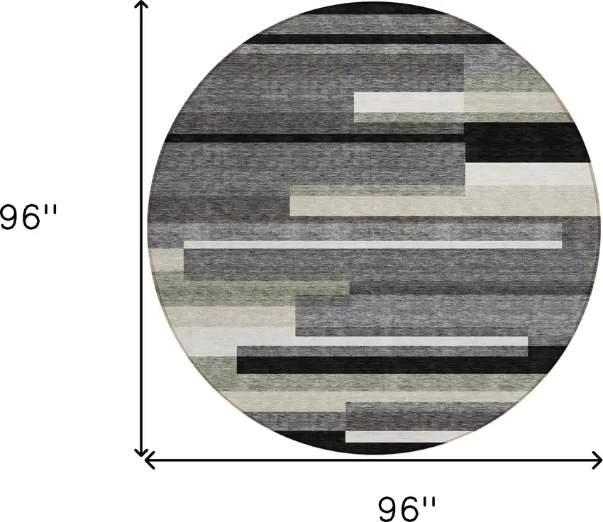 8' Black Charcoal And Gray Round Striped Washable Indoor Outdoor Area Rug Photo 8