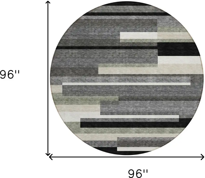 8' Black Charcoal And Gray Round Striped Washable Indoor Outdoor Area Rug Photo 8