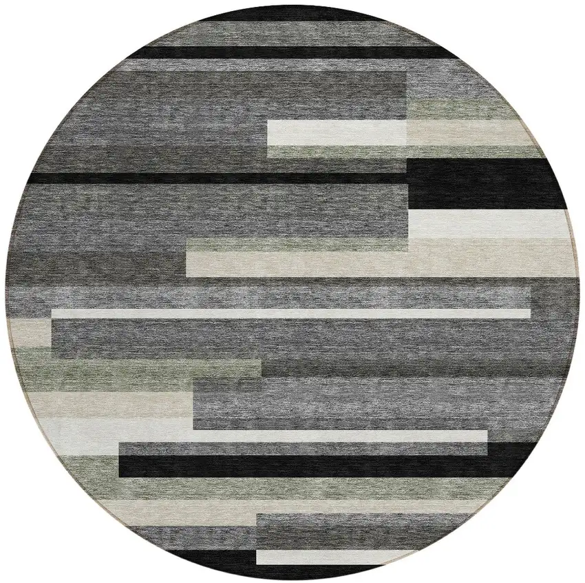 8' Black Charcoal And Gray Round Striped Washable Indoor Outdoor Area Rug Photo 5