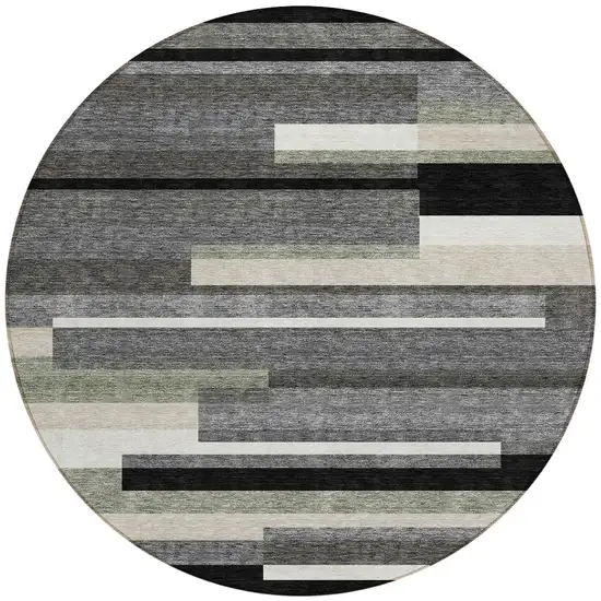 8' Black Charcoal And Gray Round Striped Washable Indoor Outdoor Area Rug Photo 5