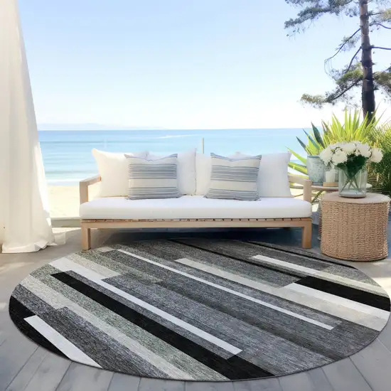 8' Black Charcoal And Gray Round Striped Washable Indoor Outdoor Area Rug Photo 6