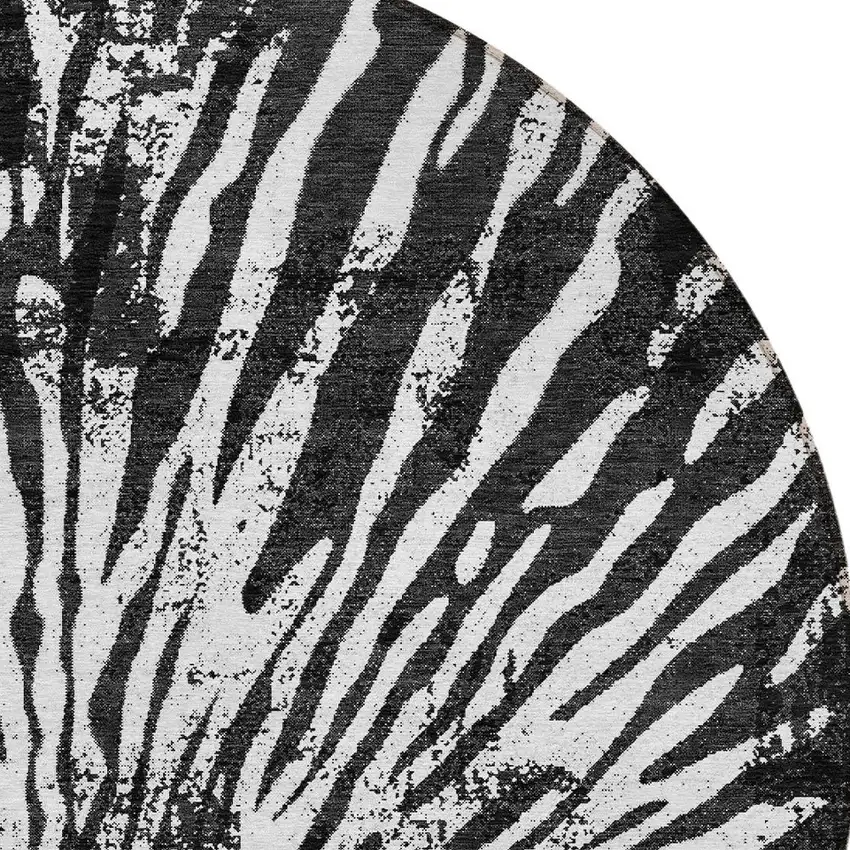 8' Black Charcoal And Ivory Round Abstract Washable Indoor Outdoor Area Rug Photo 5