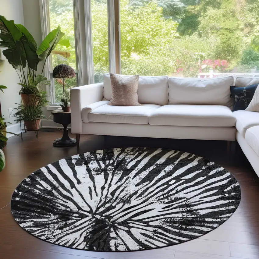 8' Black Charcoal And Ivory Round Abstract Washable Indoor Outdoor Area Rug Photo 7