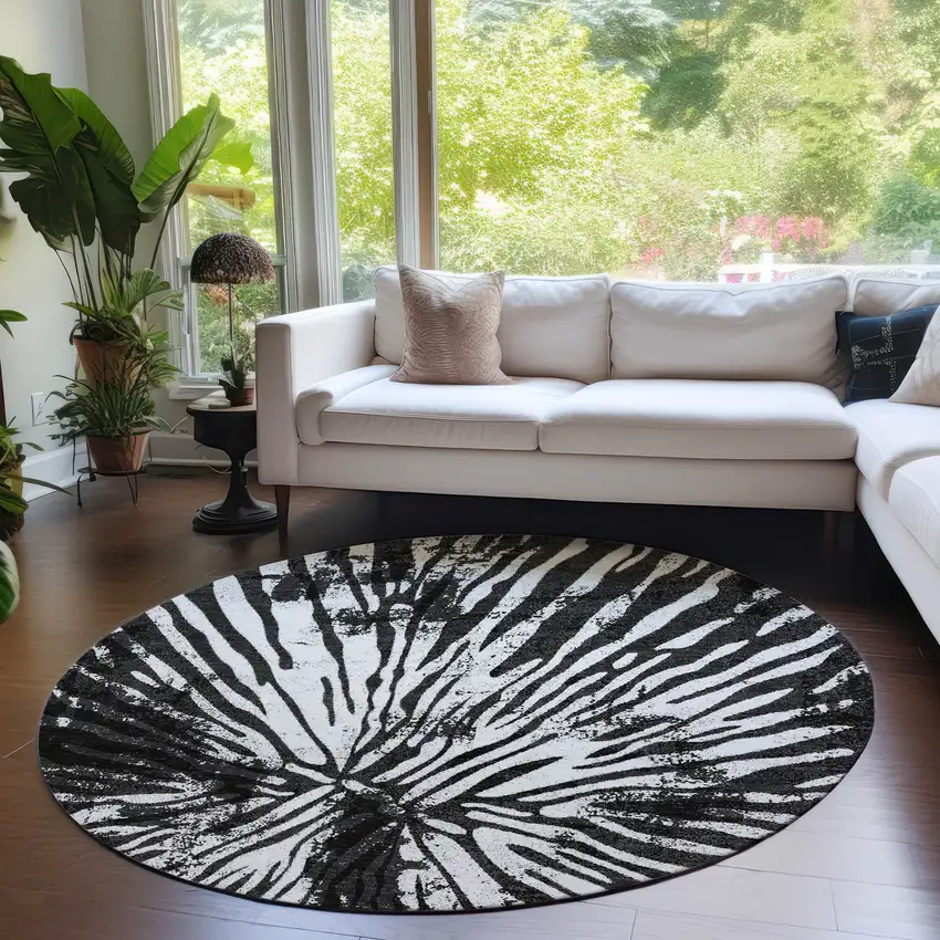 8' Black Charcoal And Ivory Round Abstract Washable Indoor Outdoor Area Rug Photo 7