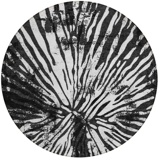8' Black Charcoal And Ivory Round Abstract Washable Indoor Outdoor Area Rug Photo 2