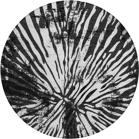 8' Black Charcoal And Ivory Round Abstract Washable Indoor Outdoor Area Rug Photo 2